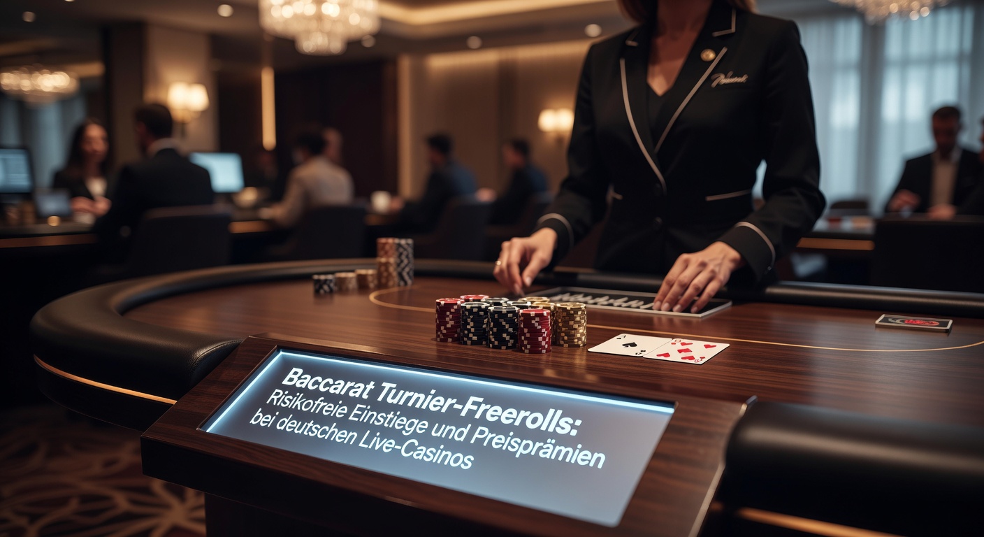 Live-Baccarat-Turnier mit Spielern an Tischen in einem deutschen Casino, Preistafel im Hintergrund