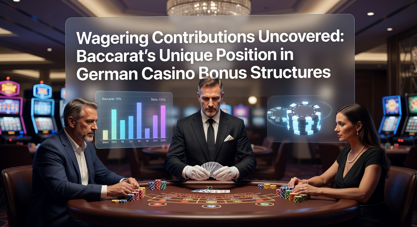 Grafik zeigt Baccarat-Tisch mit Bonus-Symbolen und Prozentsätzen für Wagering Contributions in deutschen Online-Casinos